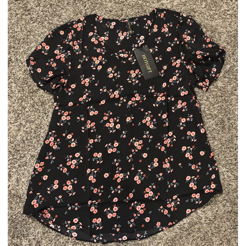 HOTGIFT Black Floral Short Sleeve Tunic V Neck Chiffon Blouse Womens Size M